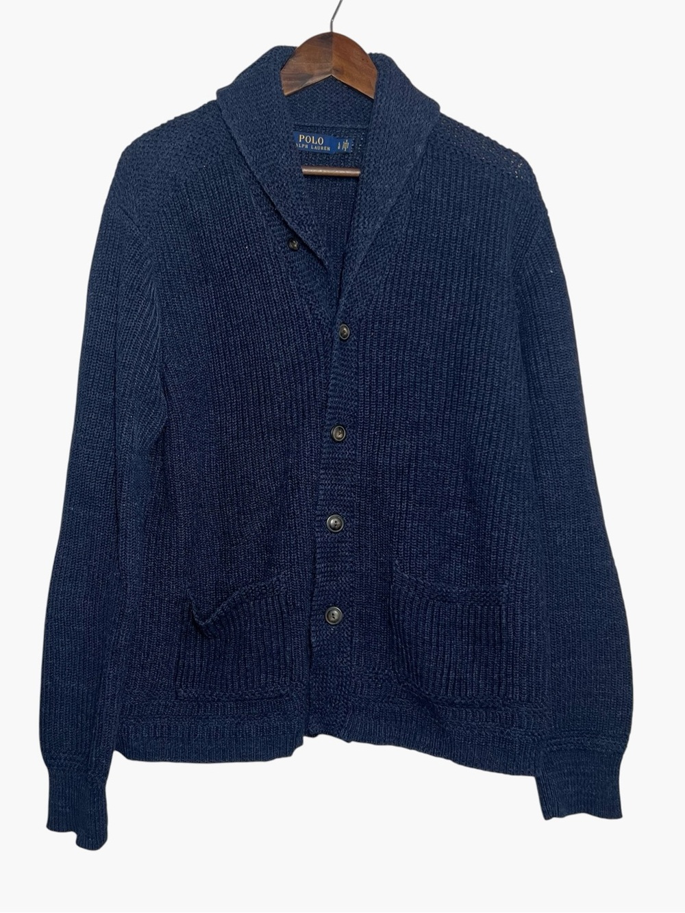 POLO RALPH LAUREN Shawl Cardigan Navy Blue Cream Marled Cotton Mens Size Large